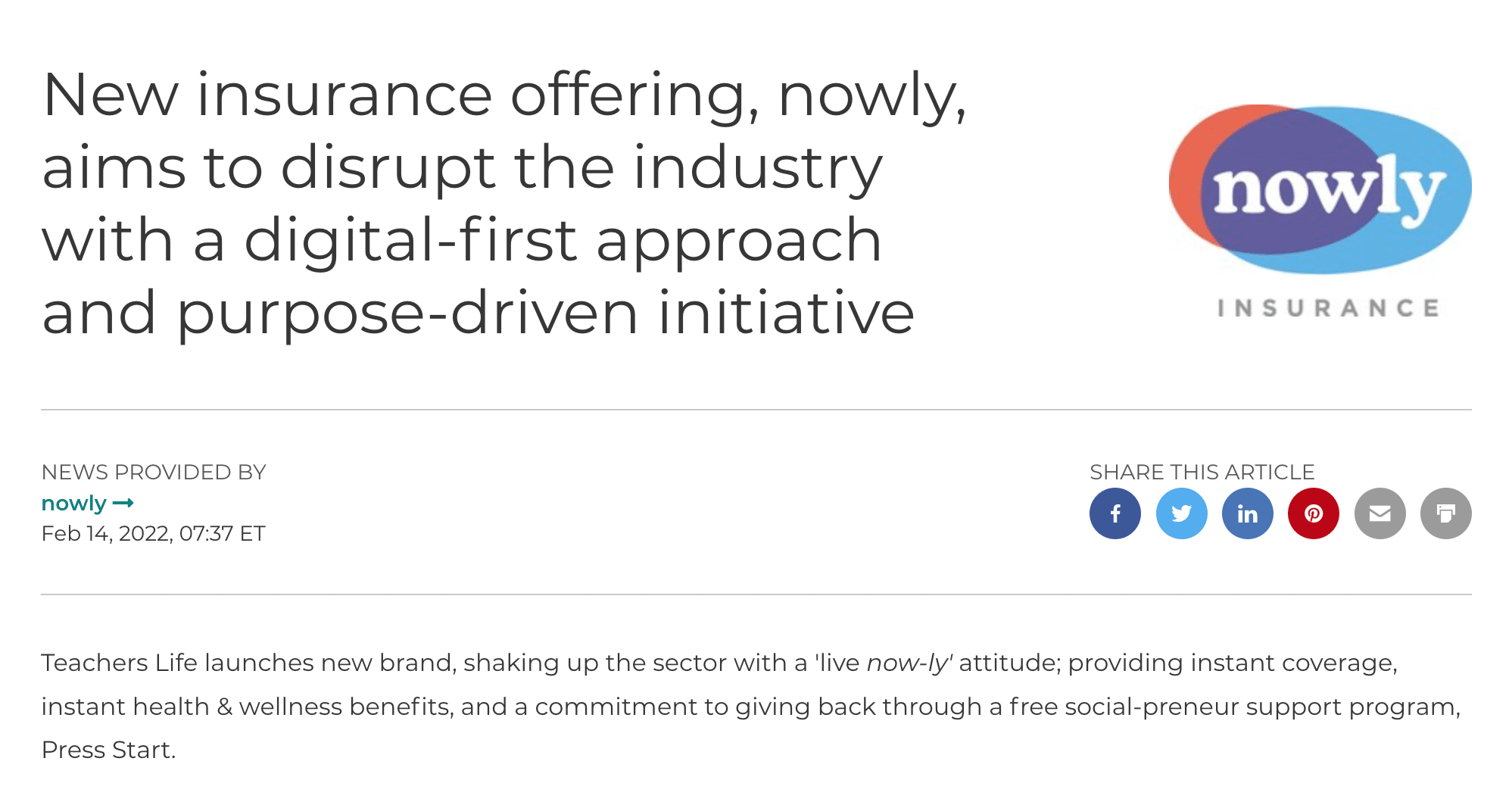 nowly insurance press release newswire